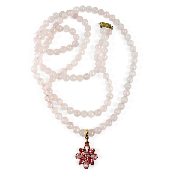 1928 Jewelry - Vintage 1928 Rose Quartz Beaded Pink Crystal Rhinestone Flower Necklace 32”
